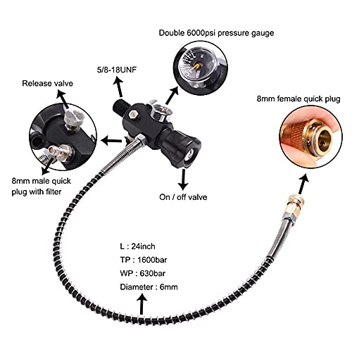 Owfeel 5/8-18UNF DIN Valve Scuba Adapter with Gauge, Pcp Scuba Tank Valve 4500psi Working Pressure with 22-inch-long Black Hose for Air Tank, PCP Air Rifle, Paintball, and HPA Tank (5/8-18UNF Threads) - Image 3