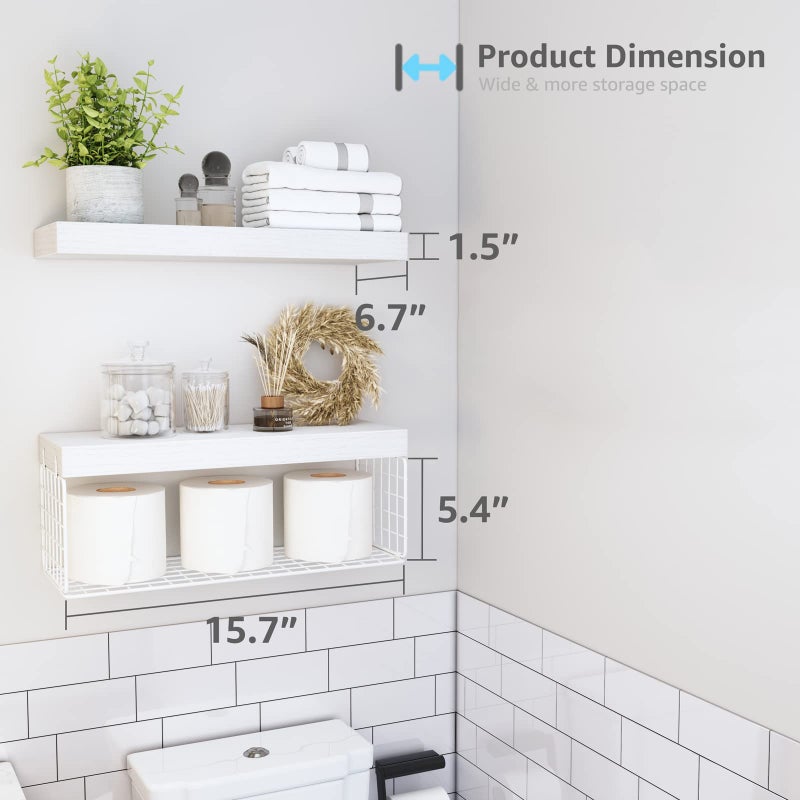 QEEIG White Bathroom Shelves Over Toilet - Wall Mounted Floating Shelves Farmhouse Shelf Toilet Paper Storage Small 16 inch Set of 2 (019-W2) - Image 3