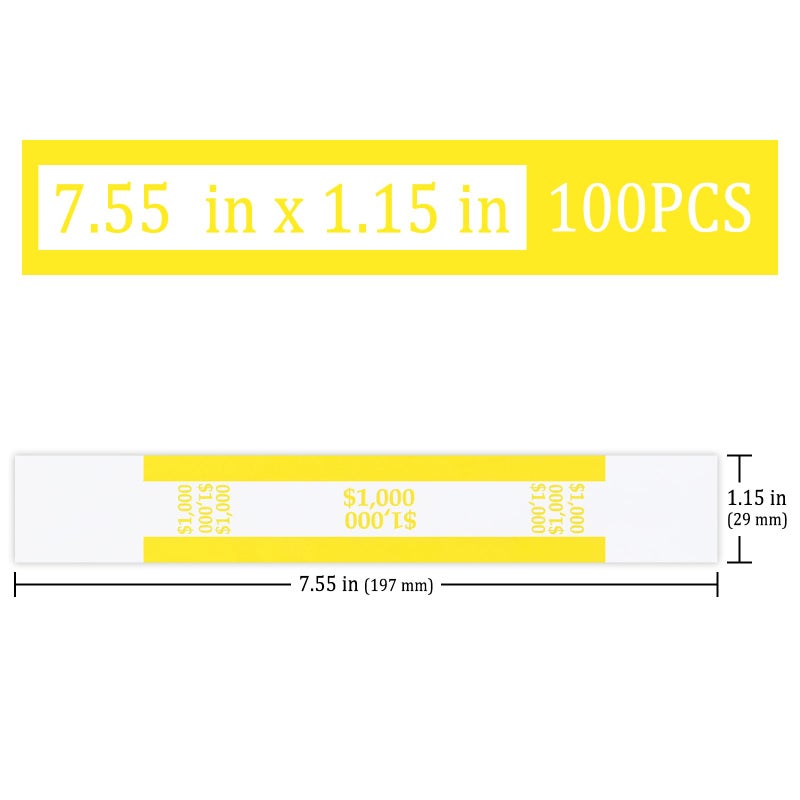 ESSENTIAL 100 Pcs Currency Straps - Bill Wrappers, 7.5 x 1.15 Inches, Money Bands to Organize Bills, ABA Standard Colors, Self-Adhesive ($1000 / Yellow) - Image 2