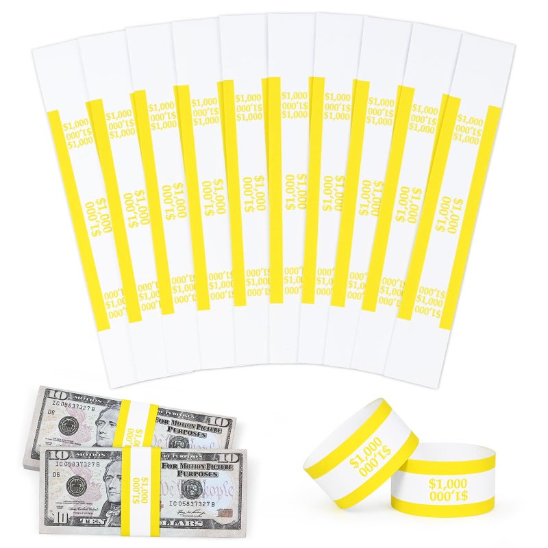 ESSENTIAL 100 Pcs Currency Straps - Bill Wrappers, 7.5 x 1.15 Inches, Money Bands to Organize Bills, ABA Standard Colors, Self-Adhesive ($1000 / Yellow) - Image 1