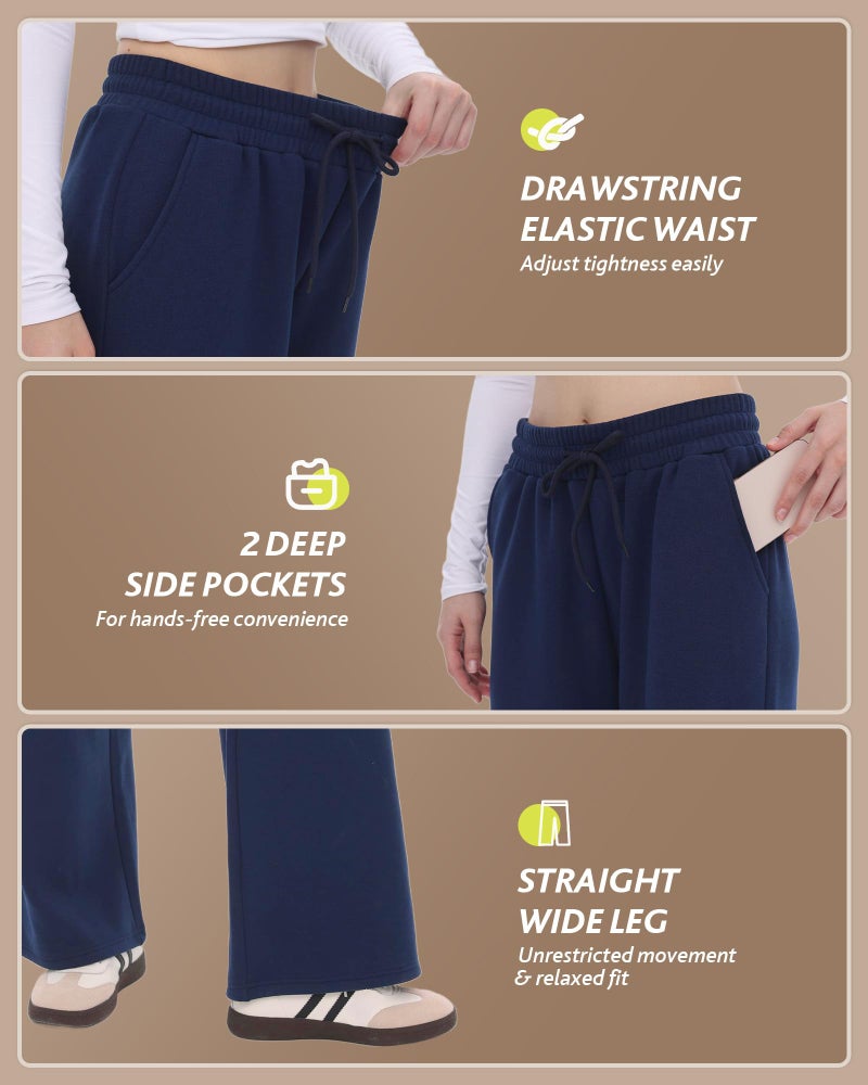 CAMPSNAIL Womens Fleece Lined Sweatpants Wide Leg Winter Warm Thermal Straight Leg Baggy Lounge Sweat Pants with Pockets Navy Blue - Image 4