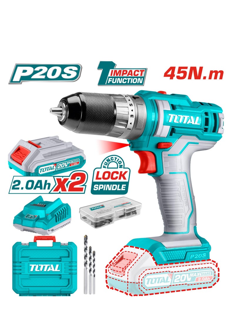 TOTAL - Super Total 20V Lithium-Ion Cordless Impact Drill 3 Fuction (Drill, Screw & Hammer) Electric Drill with Variable Speed with 47 Accessories, 18 Torque Settings, LED Work Light & 2 Batteries for Home & Professional Use TIDLI201452 - Image 1