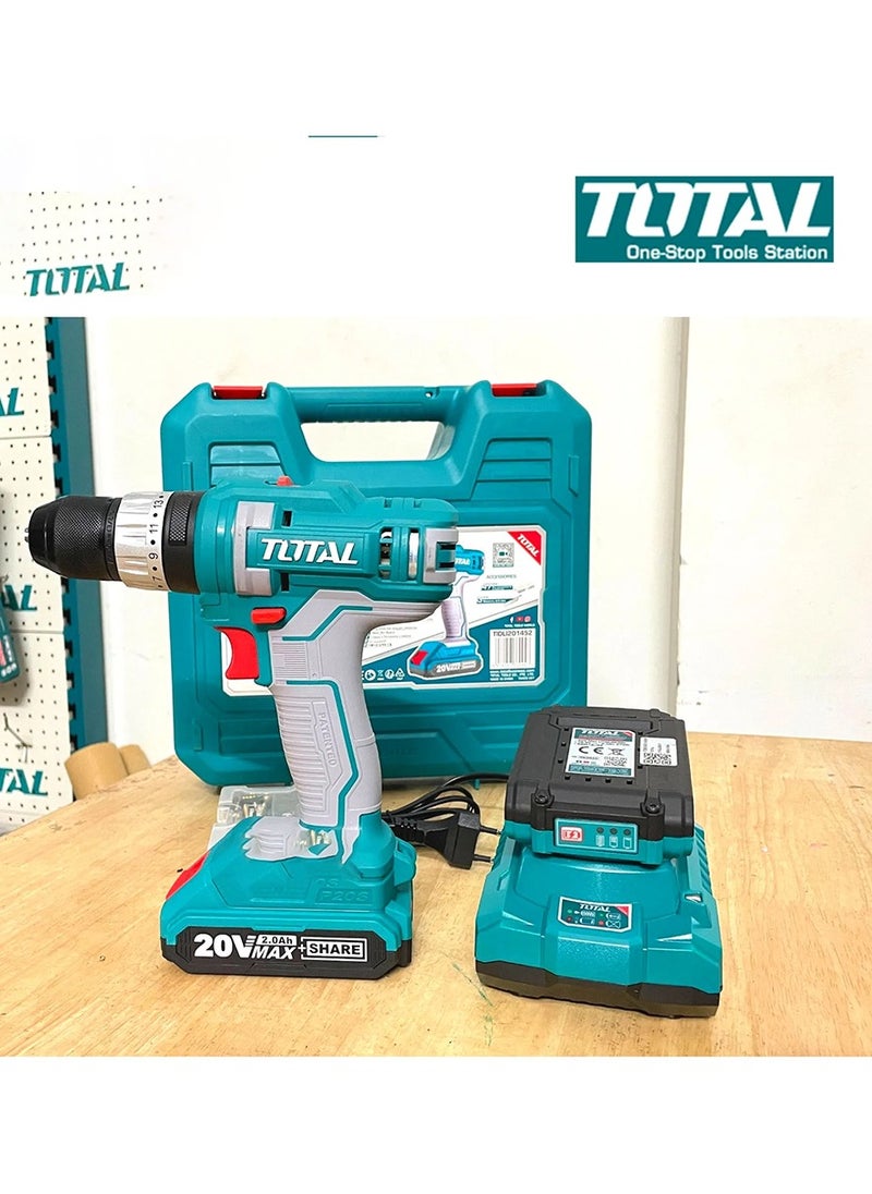 TOTAL - Super Total 20V Lithium-Ion Cordless Impact Drill 3 Fuction (Drill, Screw & Hammer) Electric Drill with Variable Speed with 47 Accessories, 18 Torque Settings, LED Work Light & 2 Batteries for Home & Professional Use TIDLI201452 - Image 1