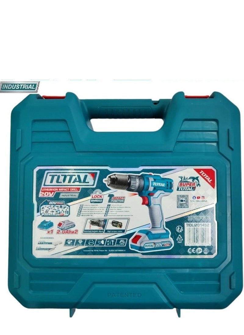 TOTAL - Super Total 20V Lithium-Ion Cordless Impact Drill 3 Fuction (Drill, Screw & Hammer) Electric Drill with Variable Speed with 47 Accessories, 18 Torque Settings, LED Work Light & 2 Batteries for Home & Professional Use TIDLI201452 - Image 1
