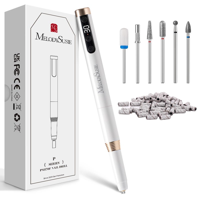 MelodySusie MelodySusie Portable Electric Nail Drill Cordless 30000RPM Nail EFile with Drill Bits  Ultra Fine Sanding Bands for Manicure Pedicure Professional Nail File Tool for Women PM170F White