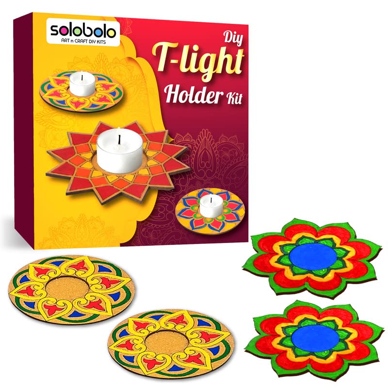 Solobolo Tea Light Candle Holder DIY KIT | Diwali Decorative Item| Paint Your own Tealight Holder for Home Decor Office||Diwali Decoration Puja Articles Decor Gift TeaLight(2pc)| Set of 4 (D-2-3) - Image 1