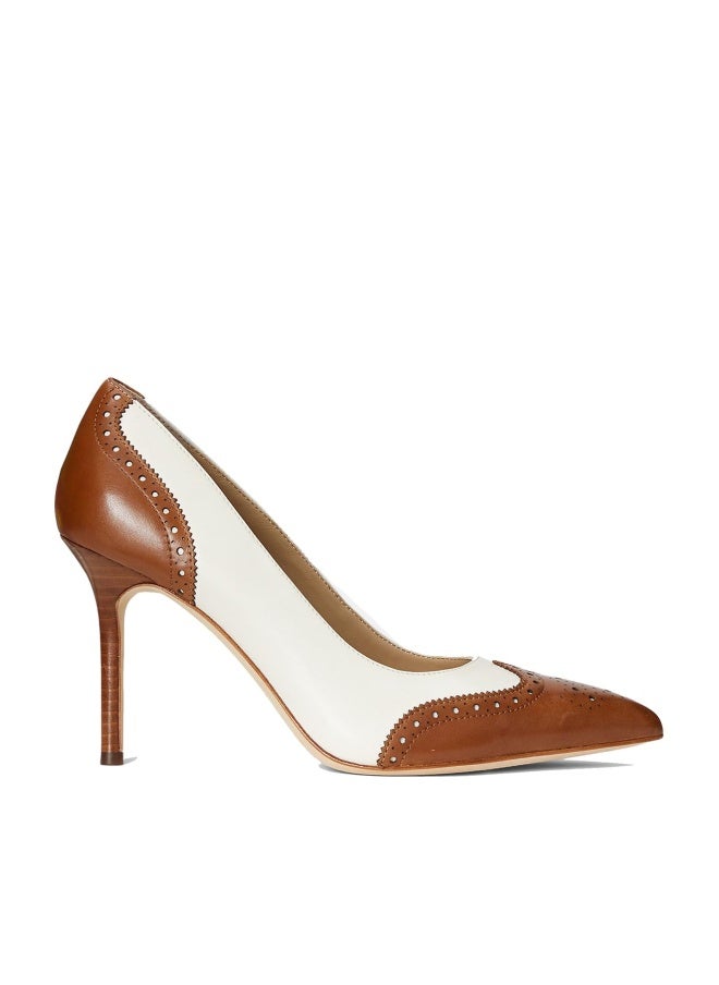 SHODENSE Women Pointed Toe Stiletto Heel Pumps Oxford Slip On High Heels Two Tone Perforated 4 inch Stiletto High Heels Pointy Closed Toe Dress Heels Wingtips Retro White Brown 10 M US - Image 1