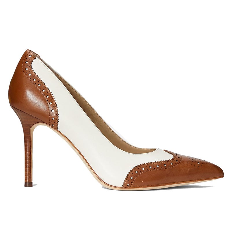SHODENSE Women Pointed Toe Stiletto Heel Pumps Oxford Slip On High Heels Two Tone Perforated 4 inch Stiletto High Heels Pointy Closed Toe Dress Heels Wingtips Retro White Brown 10 M US - Image 2