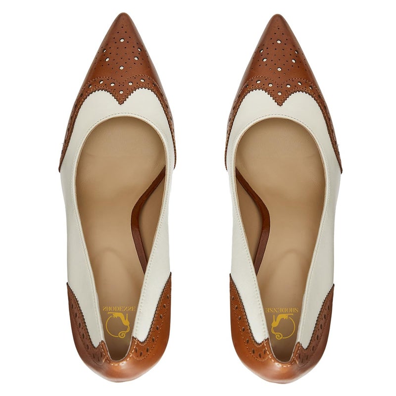 SHODENSE Women Pointed Toe Stiletto Heel Pumps Oxford Slip On High Heels Two Tone Perforated 4 inch Stiletto High Heels Pointy Closed Toe Dress Heels Wingtips Retro White Brown 10 M US - Image 3