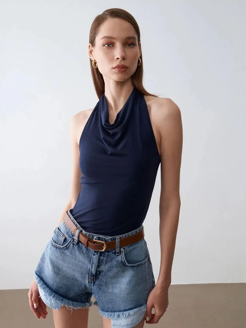 ديلفين Dilvin Sleeveless Cowl Neck Tie Blouse