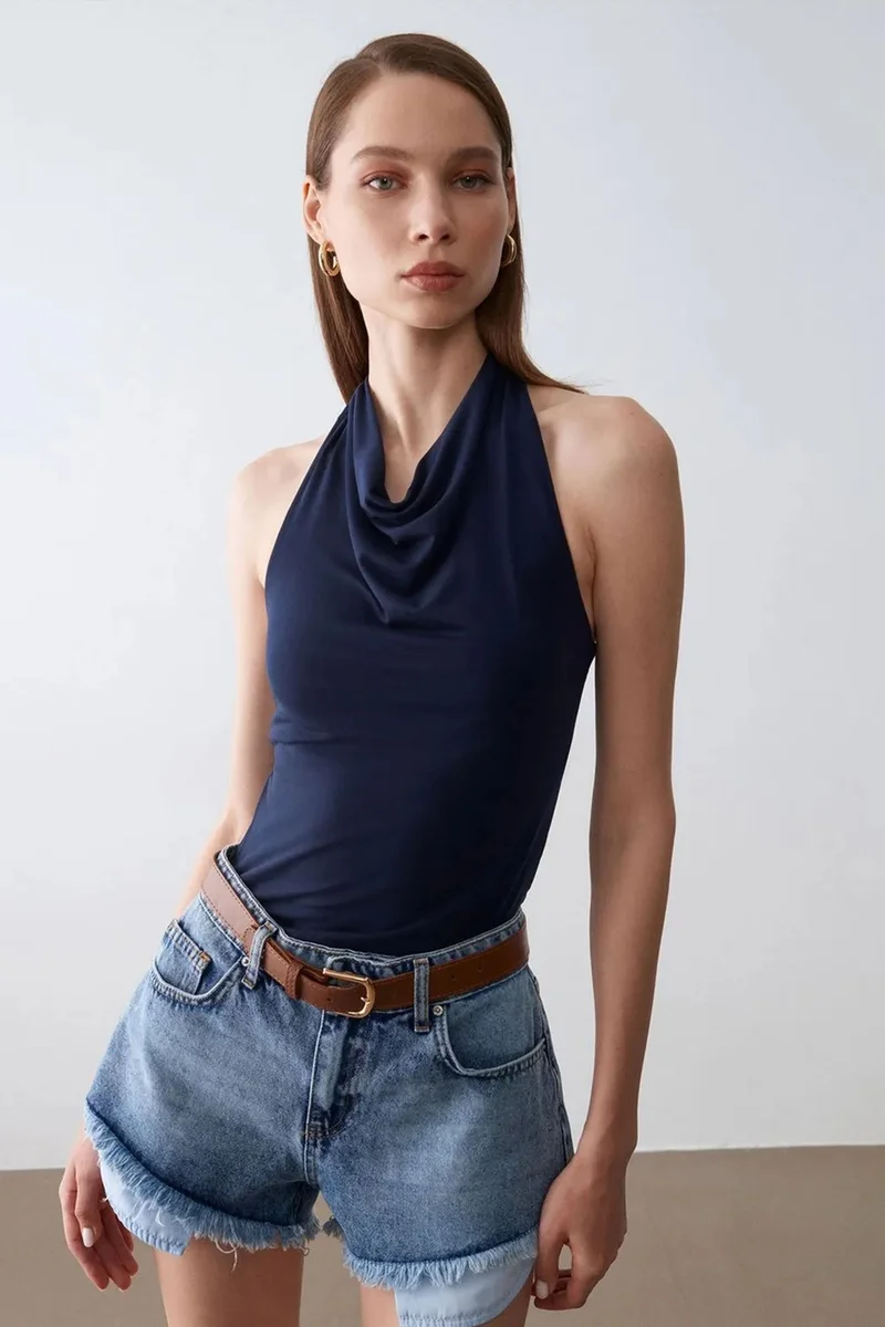 DILVIN Sleeveless Cowl Neck Tie Blouse