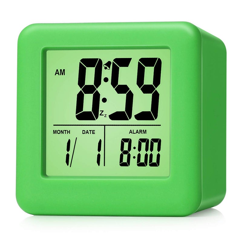 Plumeet Digital Alarm Clock Kids with Snooze and Nightlight  Easy Setting Silicone Clock Display Time Date  Loud Alarm Clock for Bedroom  Battery Powered Green - Image 1
