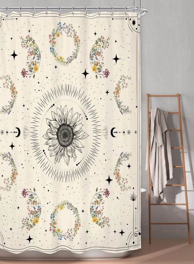 LGhtyro Moon Phase Shower Curtain Celestial Wildflower Bathroom Set 60Wx71H Inches Plant Floral Herbs Boho Stars Vintage Flowers Beige Aesthetic Bath Accessorie Art Home Decor Fabric 12 Pack Hooks - Image 1