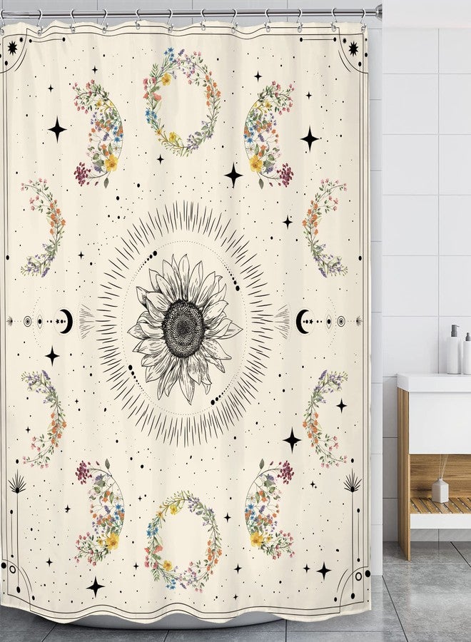 LGhtyro Moon Phase Shower Curtain Celestial Wildflower Bathroom Set 60Wx71H Inches Plant Floral Herbs Boho Stars Vintage Flowers Beige Aesthetic Bath Accessorie Art Home Decor Fabric 12 Pack Hooks - Image 2