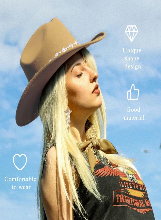 JIANGLAI Western Cowgirl Hat for Women Men, Fedora Wide Brim Rhinestone Cowboy Hat with Bandana and Cowgirl Tassels Earrings, Camel, One size - Image 4