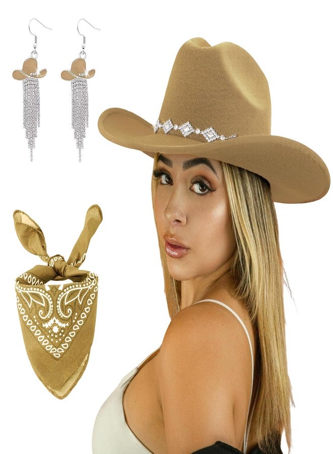 JIANGLAI Western Cowgirl Hat for Women Men, Fedora Wide Brim Rhinestone Cowboy Hat with Bandana and Cowgirl Tassels Earrings, Camel, One size - Image 1