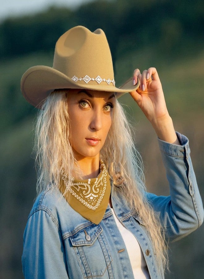 JIANGLAI Western Cowgirl Hat for Women Men, Fedora Wide Brim Rhinestone Cowboy Hat with Bandana and Cowgirl Tassels Earrings, Camel, One size - Image 5