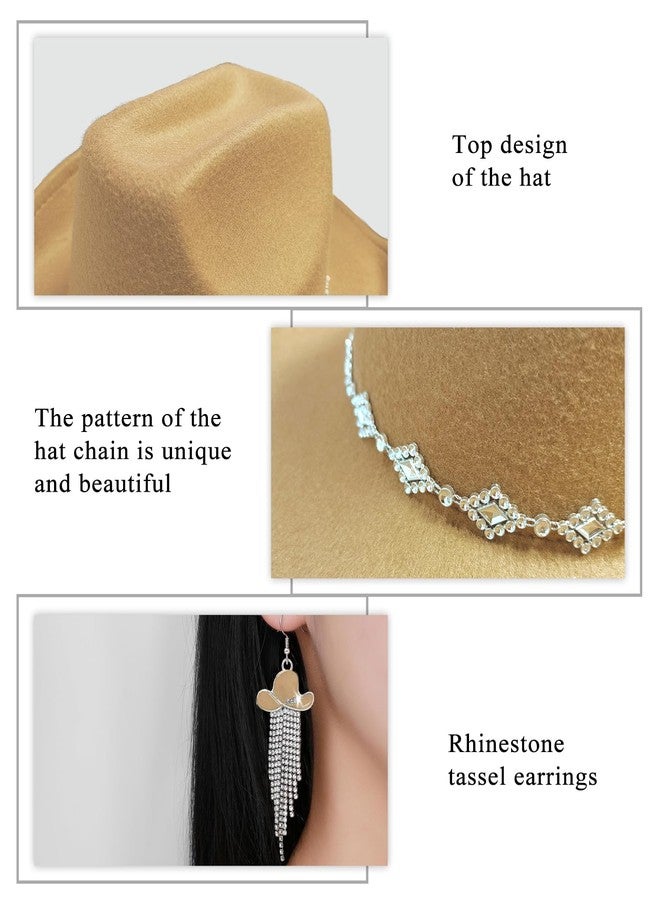 JIANGLAI Western Cowgirl Hat for Women Men, Fedora Wide Brim Rhinestone Cowboy Hat with Bandana and Cowgirl Tassels Earrings, Camel, One size - Image 3
