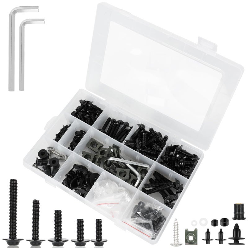 MOCODUO 195Pcs M5 M6 Motorcycle Fairing Bolt Kits, Stainless Steel Windscreen Screws Fastener Clips Universal Fits for Sportbike Kawasaki Suzuki Honda Yamaha BMW Ducati GSXR Motorcycle Accessories Black - Image 2