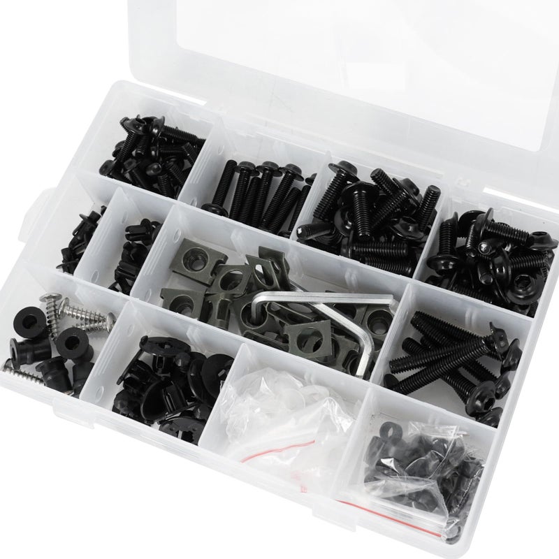 MOCODUO 195Pcs M5 M6 Motorcycle Fairing Bolt Kits, Stainless Steel Windscreen Screws Fastener Clips Universal Fits for Sportbike Kawasaki Suzuki Honda Yamaha BMW Ducati GSXR Motorcycle Accessories Black - Image 1