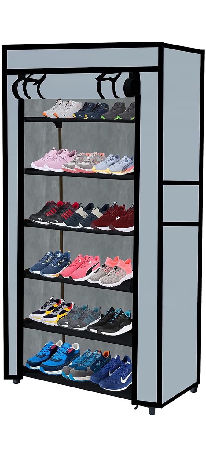 SANAMSTORE Multipurpose 6 Tier Rack ShoeClothesBooks Stand Rack with Cover for Home Need to Be Assemble DIY Grey Metal Cm - Image 2