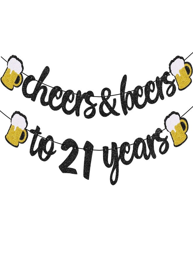 Joymee 21st Birthday Banner - Happy 21st Birthday Decorations, Cheers and Beers to 21 Years Banner Pre-Strung, 21 Anniversary Party Supplies (Black Gold) - Image 1