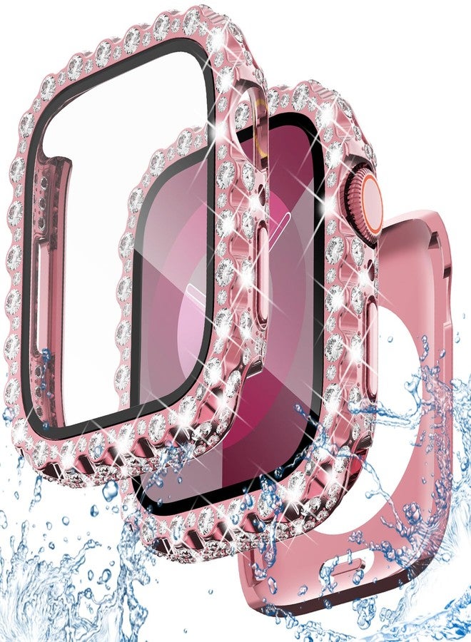 NewWays 2 in 1 Waterproof Bling Case 45mm for Apple Watch Screen Protector Series 9 8 7, Lace Full Glitter Diamond Rhinestone Bumper Face Cover for iWatch Women 45 mm, Pink - Image 1