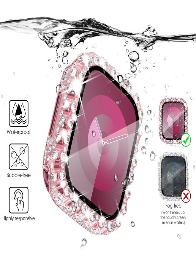 NewWays 2 in 1 Waterproof Bling Case 45mm for Apple Watch Screen Protector Series 9 8 7, Lace Full Glitter Diamond Rhinestone Bumper Face Cover for iWatch Women 45 mm, Pink - Image 2