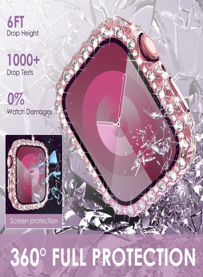 NewWays 2 in 1 Waterproof Bling Case 45mm for Apple Watch Screen Protector Series 9 8 7, Lace Full Glitter Diamond Rhinestone Bumper Face Cover for iWatch Women 45 mm, Pink - Image 3