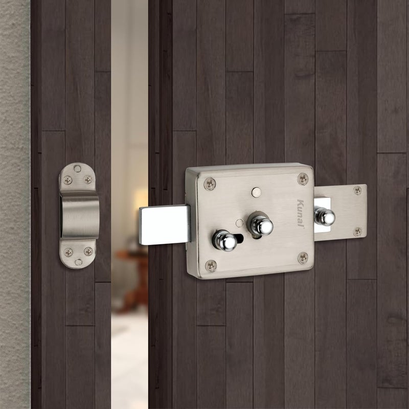 Kunal Inter Lock Main Door | Office Door | Heavy Duty 3 Turn Lock with Locking Knob 3 Brass Ultra Keys Material - SS Finish - SS (Pack -1) - Image 1