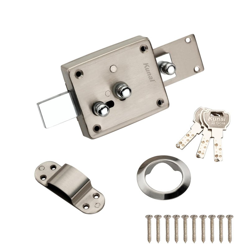 Kunal Inter Lock Main Door | Office Door | Heavy Duty 3 Turn Lock with Locking Knob 3 Brass Ultra Keys Material - SS Finish - SS (Pack -1) - Image 3