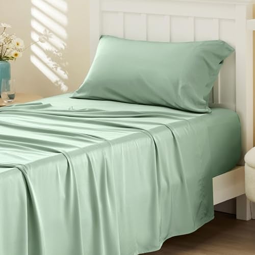 Bedsure Twin Sheet Set Cooling Sheets for Twin Size Bed Set Rayon Derived from Bamboo Breathable  Soft Deep Pocket Up to 16 Inches Hotel Luxury Silky Bedding Bedsheet  Pillowcases Sage Green