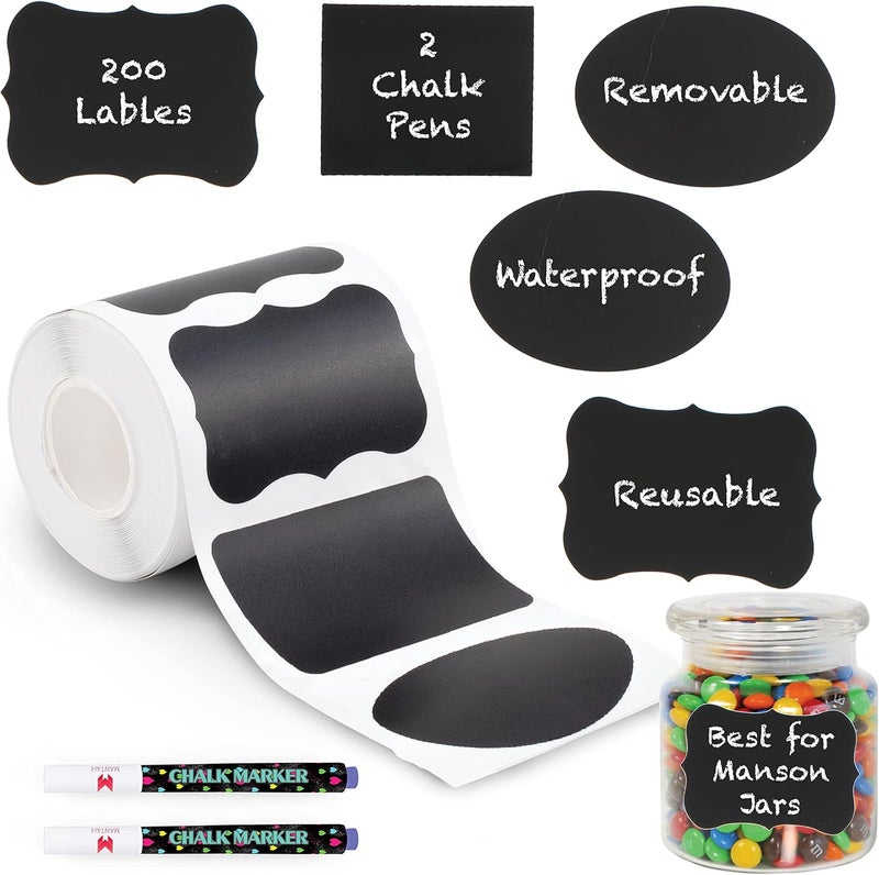 Mantah 200pcs Multiple Shapes Chalkboard Labels with 2 White Chalk Markers, Reusable Waterproof Jar Labels for Storage, Food Containers, Office Use - Image 1
