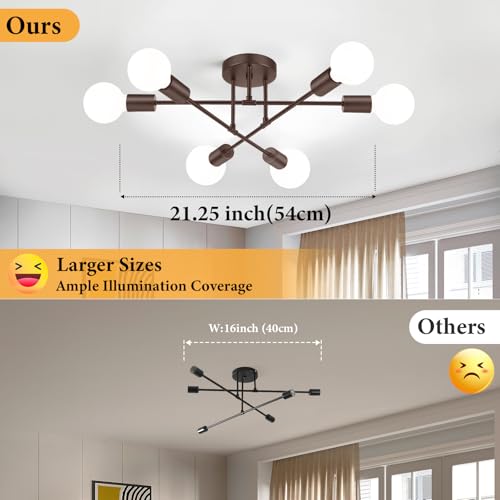 Bosceos Modern Sputnik Chandelier Ceiling Light Fixture 6-Light, Bedroom Light Fixture, Sputnik Lights Fixture for Living Room, Dining Room, Kitchen, Office, Foyer, Hallway (Brown) - E26 Base - Image 3