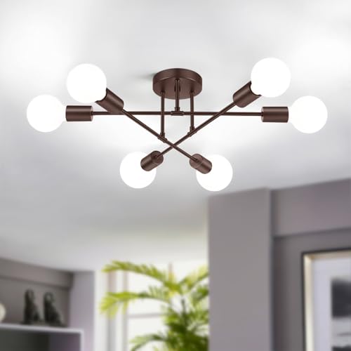 Bosceos Modern Sputnik Chandelier Ceiling Light Fixture 6-Light, Bedroom Light Fixture, Sputnik Lights Fixture for Living Room, Dining Room, Kitchen, Office, Foyer, Hallway (Brown) - E26 Base - Image 1
