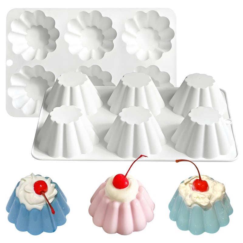 Fchil Silicone Pudding Mold, 6-Cavity Nonstick Jello Dessert Making Tray, Custard Mold for Mousse Cake, Set of 2, White - Image 1