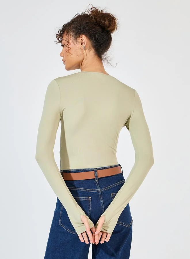 Styli Fitted Round Neck T-Shirt with Thumbhole Sleeves