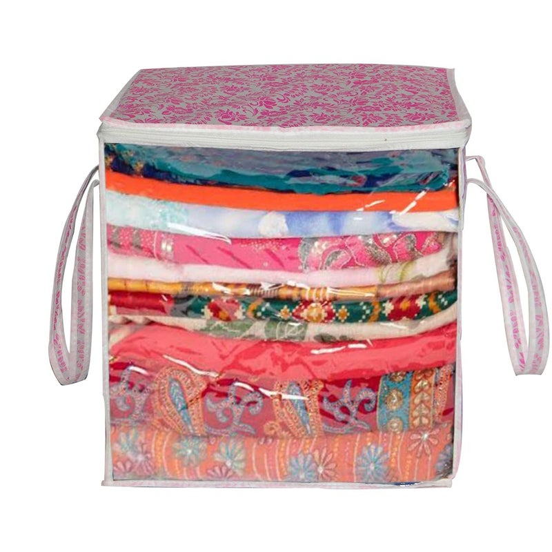 SHAPING FABRIC Pink Floral Fabric Saree Storage Bag with Transparent Front & Zipper Closure - Image 2