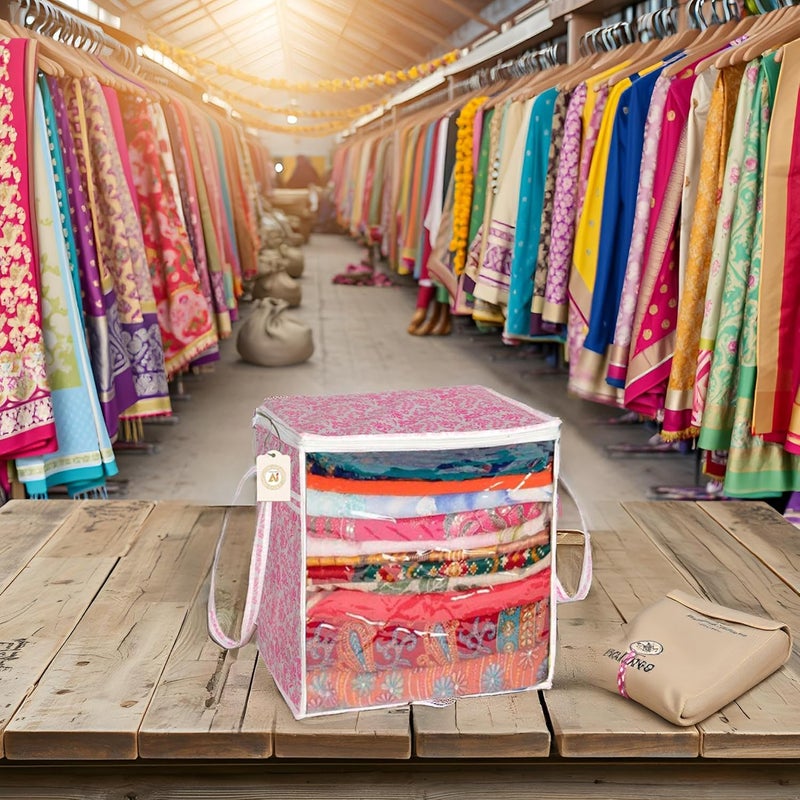 SHAPING FABRIC Pink Floral Fabric Saree Storage Bag with Transparent Front & Zipper Closure - Image 1