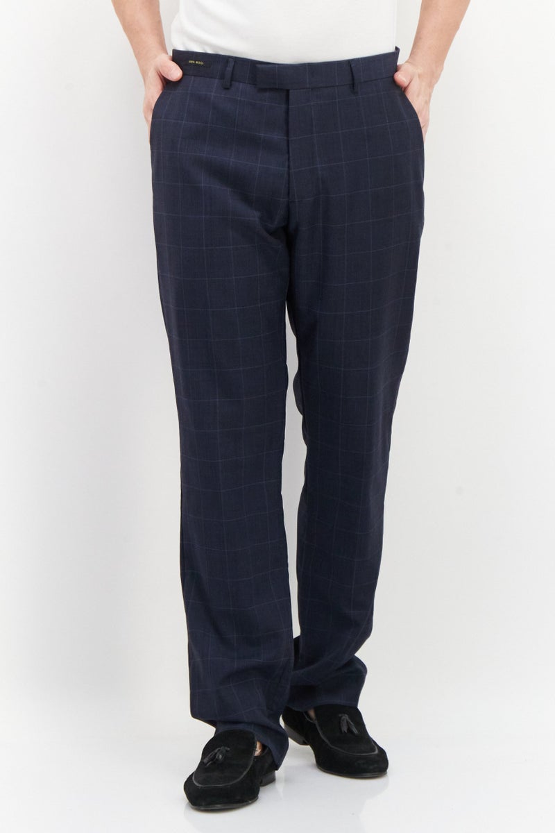 SELECTED سروال رسمي طويل بنمط شبكة منتظم للرجال، مجموعة بحرية - Image 1