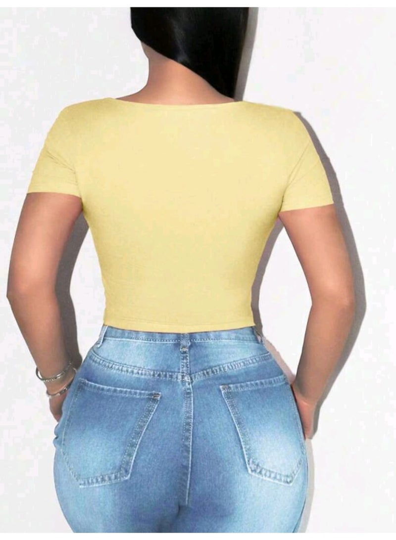 شي إن بلوزة نسائية من شي ان بتصميم بسيط بلون موحد، بياقة مربعة وحافة غير متماثلة - Image 4