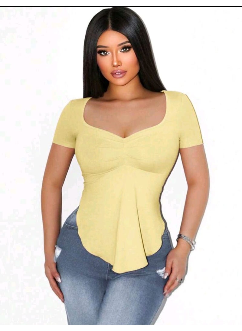 شي إن بلوزة نسائية من شي ان بتصميم بسيط بلون موحد، بياقة مربعة وحافة غير متماثلة - Image 5