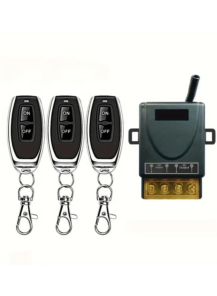 Wireless remote control switch with remote control, an alternative to manual use, used to open garage doors with a voltage of 12 volts, 24 volts, 48 ​​volts, 72 volts, 30 amps, and works with RF technology. You can easily open the door from a distance of up to 100 meters without any obstacles, or turn on or off water heaters, lights, or water pumps. Easy to install and operate. The device and 3 remote controls. - Image 1