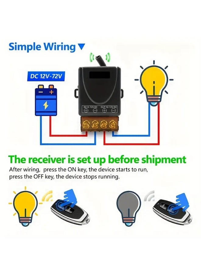 Wireless remote control switch with remote control, an alternative to manual use, used to open garage doors with a voltage of 12 volts, 24 volts, 48 ​​volts, 72 volts, 30 amps, and works with RF technology. You can easily open the door from a distance of up to 100 meters without any obstacles, or turn on or off water heaters, lights, or water pumps. Easy to install and operate. The device and 3 remote controls. - Image 3