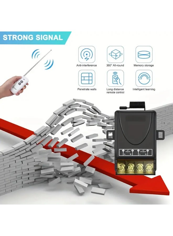 Wireless remote control switch with remote control, an alternative to manual use, used to open garage doors with a voltage of 12 volts, 24 volts, 48 ​​volts, 72 volts, 30 amps, and works with RF technology. You can easily open the door from a distance of up to 100 meters without any obstacles, or turn on or off water heaters, lights, or water pumps. Easy to install and operate. The device and 3 remote controls. - Image 5