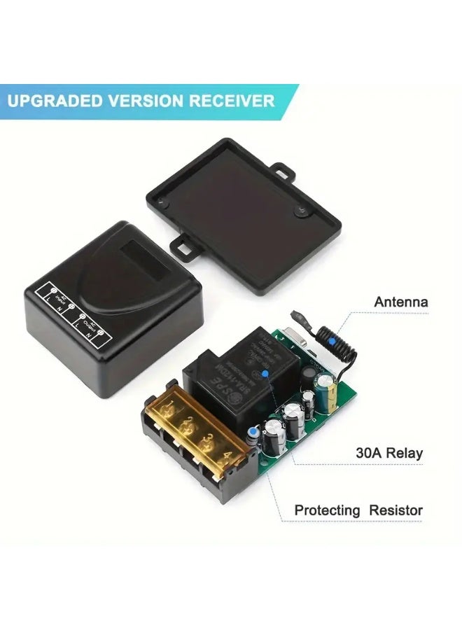 Wireless remote control switch with remote control, an alternative to manual use, used to open garage doors with a voltage of 12 volts, 24 volts, 48 ​​volts, 72 volts, 30 amps, and works with RF technology. You can easily open the door from a distance of up to 100 meters without any obstacles, or turn on or off water heaters, lights, or water pumps. Easy to install and operate. The device and 3 remote controls. - Image 4