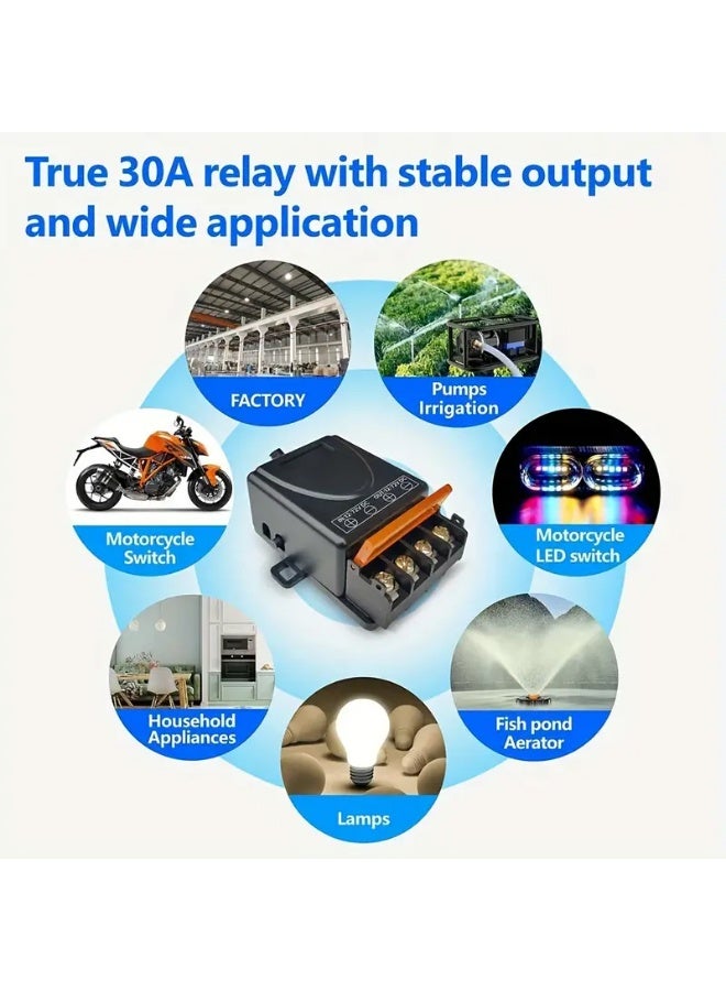 Wireless remote control switch with remote control, an alternative to manual use, used to open garage doors with a voltage of 12 volts, 24 volts, 48 ​​volts, 72 volts, 30 amps, and works with RF technology. You can easily open the door from a distance of up to 100 meters without any obstacles, or turn on or off water heaters, lights, or water pumps. Easy to install and operate. The device and 3 remote controls. - Image 2