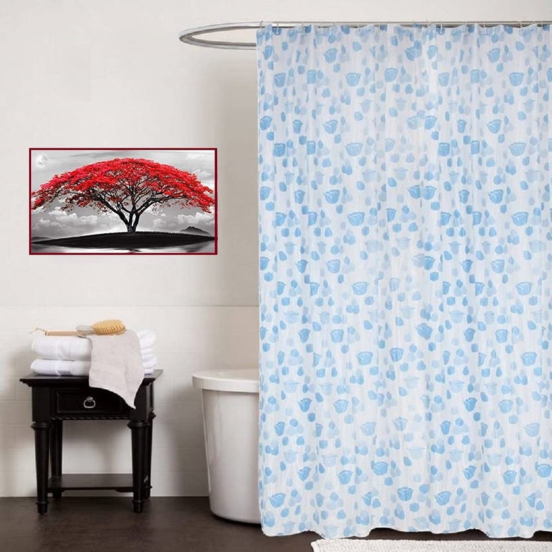 SHAVIN Festive Decor Blue Rose Pattern PVC Shower Curtain with Hooks Pack of 1 (7ft X 4.5ft) - Image 1