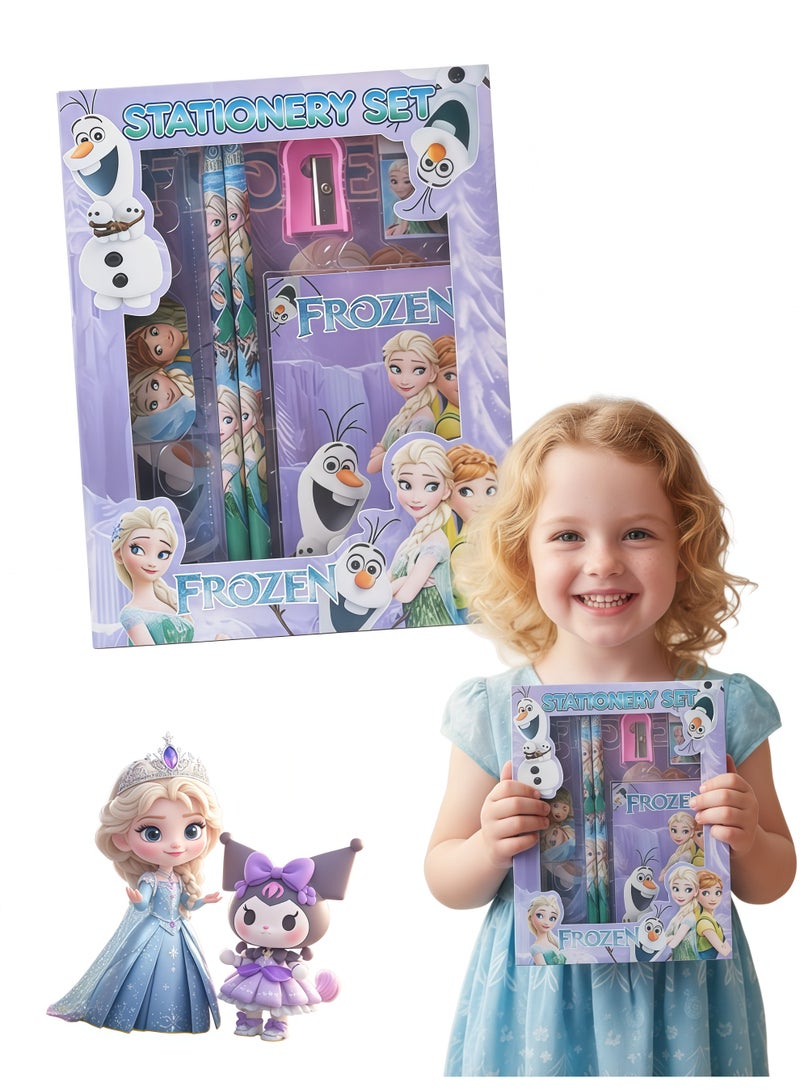 Frozen Elsa Frozen Themed Student Stationery Set Cute Cartoon School Supplies Gift Box Suitable For Primary School Kids Girls Includes Pencils Erasers Pencil Sharpeners Straight Ruler Small Notebook Complete Stationery Kit For Back To School Birthday Party Daily Learning Gift - Image 1