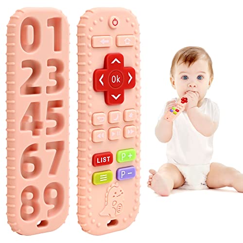 AiTuiTui Teething Relief Teethers Toys for Babies 3-6 12 Months Gifts, Food Grade Silicone Sensory Remote Control Baby Teether Bath Toys for 3 9 18 Months Newborn Infant Boy Girl Autism, Pink - Image 1